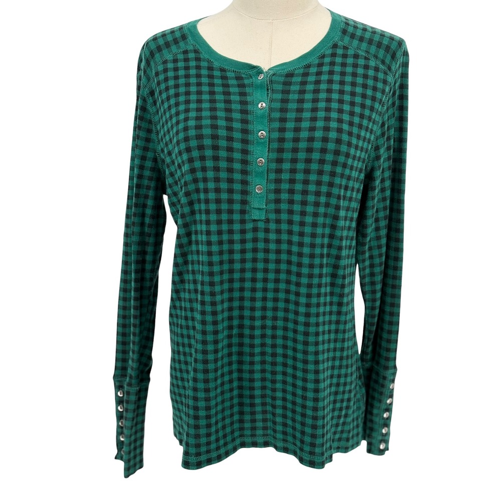 Chaps Henley Top Green Black Gingham Waffle Knit 100% Cotton Large